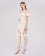 Strapless Ruffle Asymmetrical Midi Dress H6016