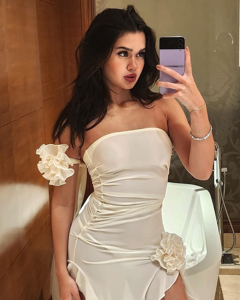 Strapless Ruffle Asymmetrical Midi Dress H6016