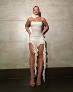 Strapless Ruffle Asymmetrical Midi Dress H6016