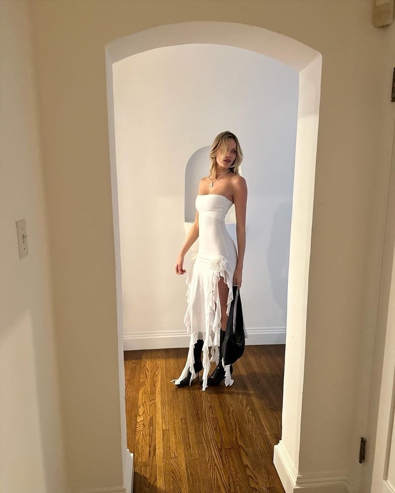 Strapless Ruffle Asymmetrical Midi Dress H6016
