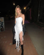 Strapless Ruffle Asymmetrical Midi Dress H6016
