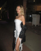 Strapless Ruffle Asymmetrical Midi Dress H6016
