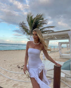 Strapless Ruffle Asymmetrical Midi Dress H6016