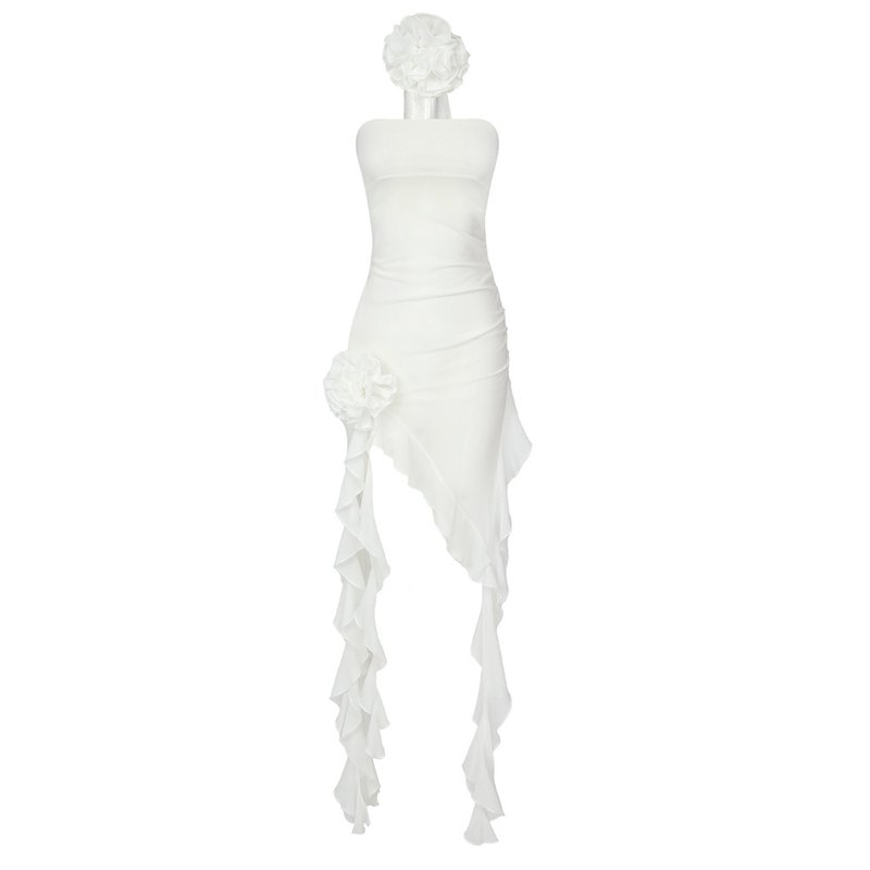 Strapless Ruffle Asymmetrical Midi Dress H6016
