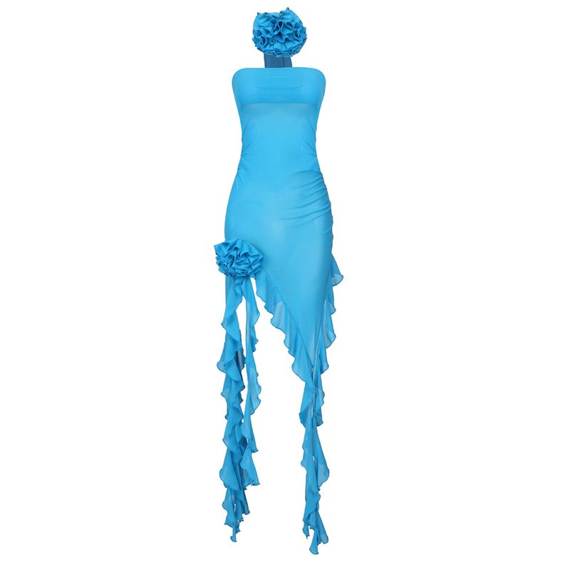 Strapless Ruffle Asymmetrical Midi Dress H6016