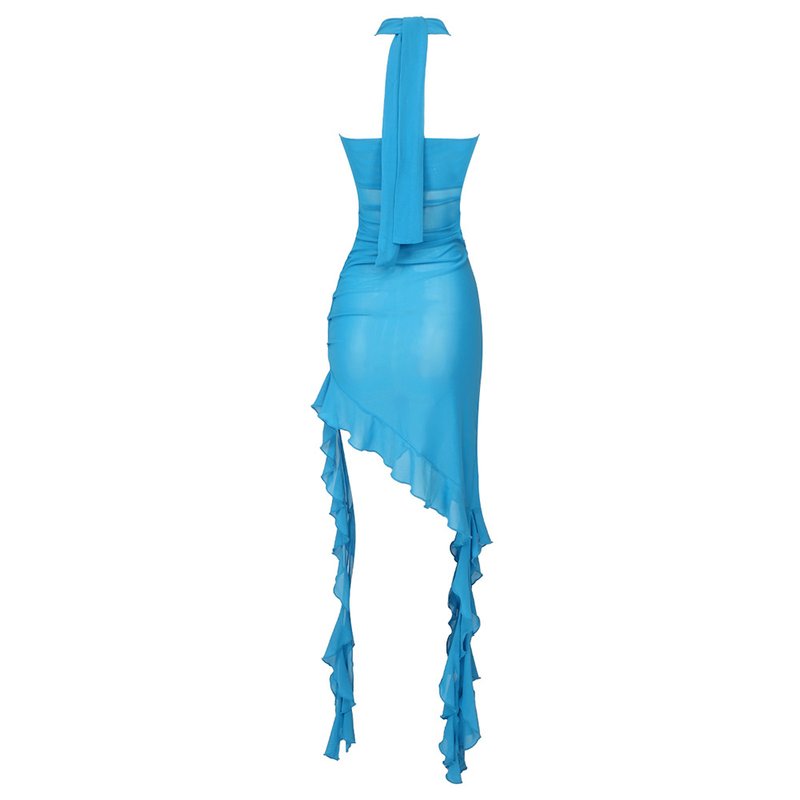 Strapless Ruffle Asymmetrical Midi Dress H6016