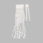 Strapless Ruffle Asymmetrical Midi Dress H6016