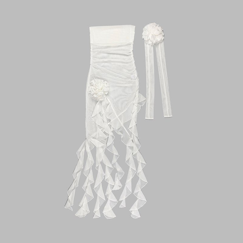 Strapless Ruffle Asymmetrical Midi Dress H6016