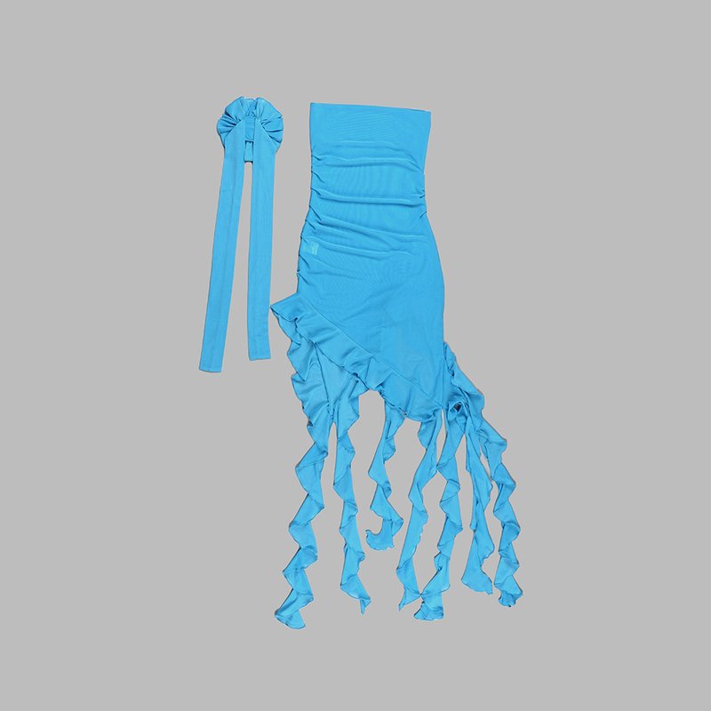 Strapless Ruffle Asymmetrical Midi Dress H6016