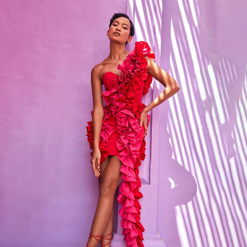 Strapless Ruffle Asymmetrical Mini Dress H6540