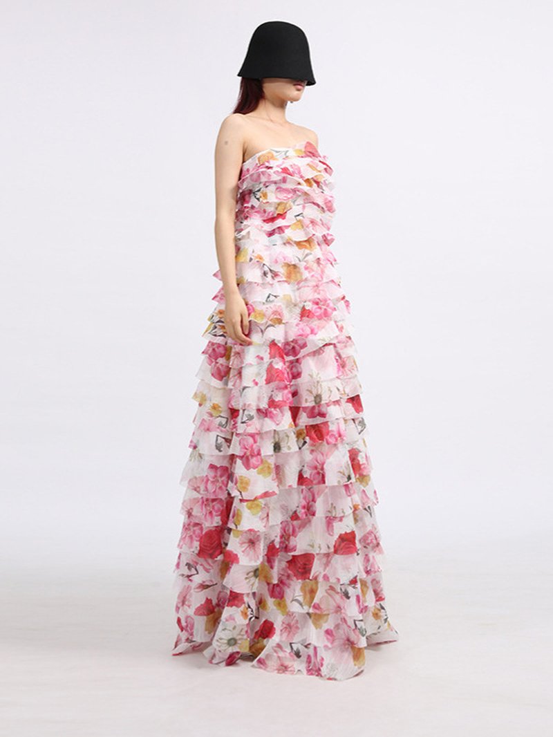 Strapless Ruffle Fuchsia Maxi Dress H6776