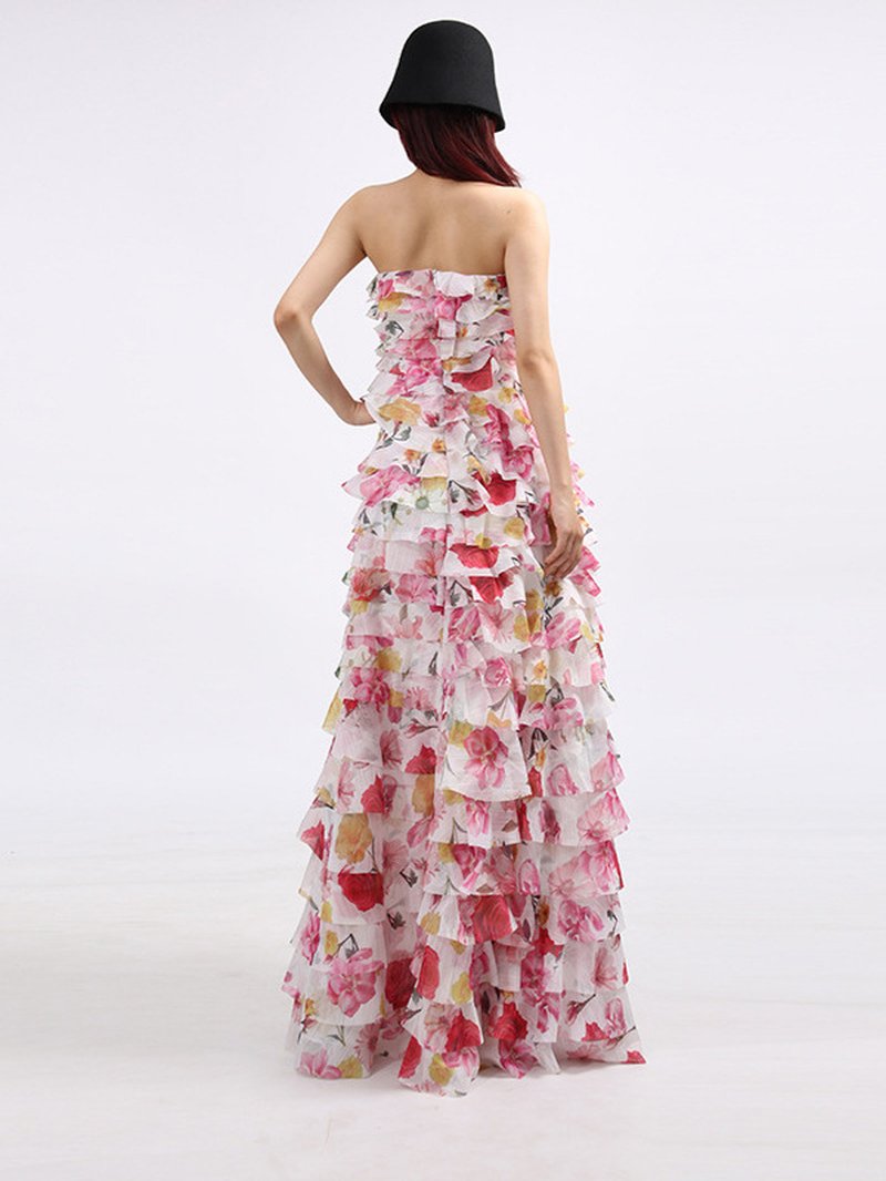 Strapless Ruffle Fuchsia Maxi Dress H6776