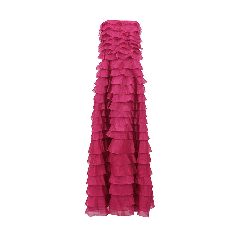 Strapless Ruffle Fuchsia Maxi Dress H6776