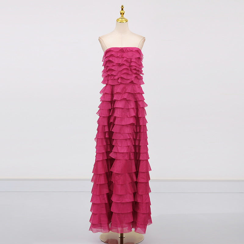 Strapless Ruffle Fuchsia Maxi Dress H6776