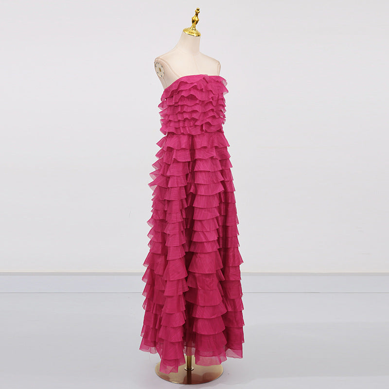 Strapless Ruffle Fuchsia Maxi Dress H6776