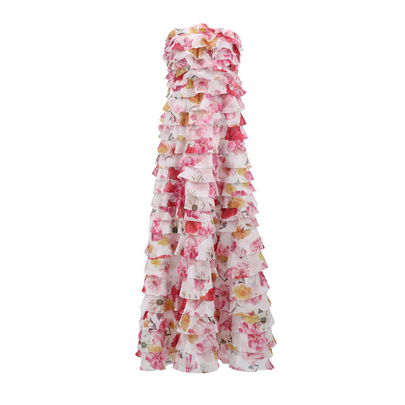Strapless Ruffle Fuchsia Maxi Dress H6776