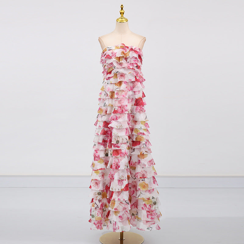 Strapless Ruffle Fuchsia Maxi Dress H6776