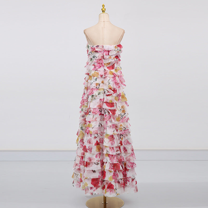 Strapless Ruffle Fuchsia Maxi Dress H6776