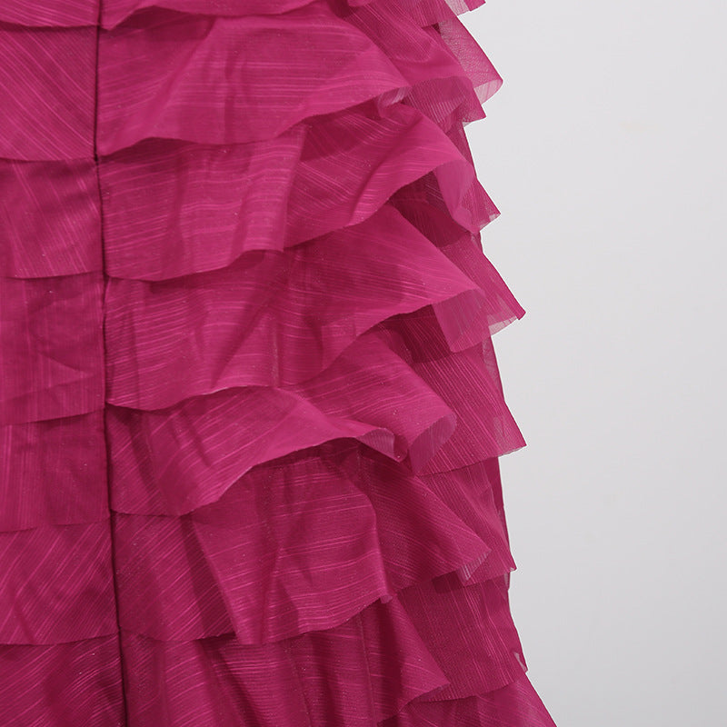 Strapless Ruffle Fuchsia Maxi Dress H6776