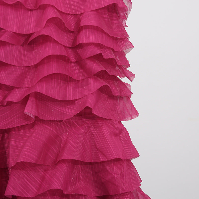 Strapless Ruffle Fuchsia Maxi Dress H6776