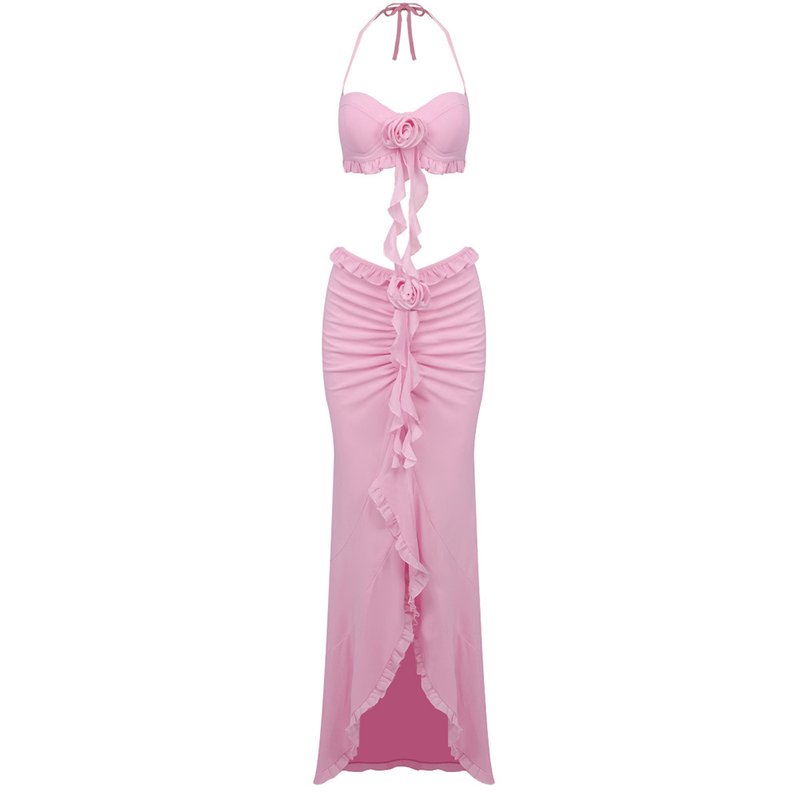 Strapless Ruffle Pink Maxi Dress H6408