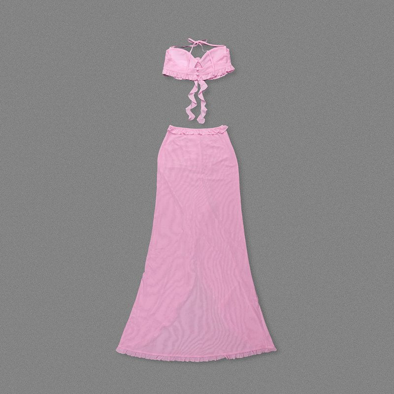 Strapless Ruffle Pink Maxi Dress H6408