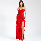 Strapless Ruffle Red Satin Gown H6327