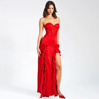 Strapless Ruffle Red Satin Gown H6327