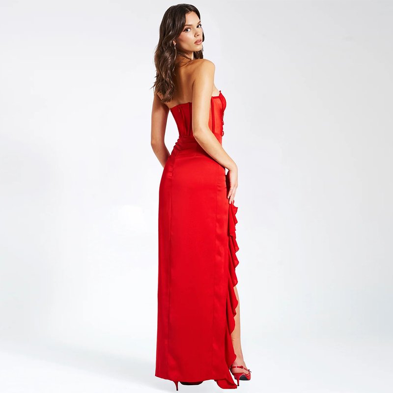 Strapless Ruffle Red Satin Gown H6327