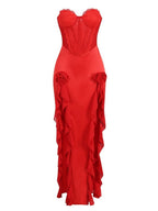 Strapless Ruffle Red Satin Gown H6327
