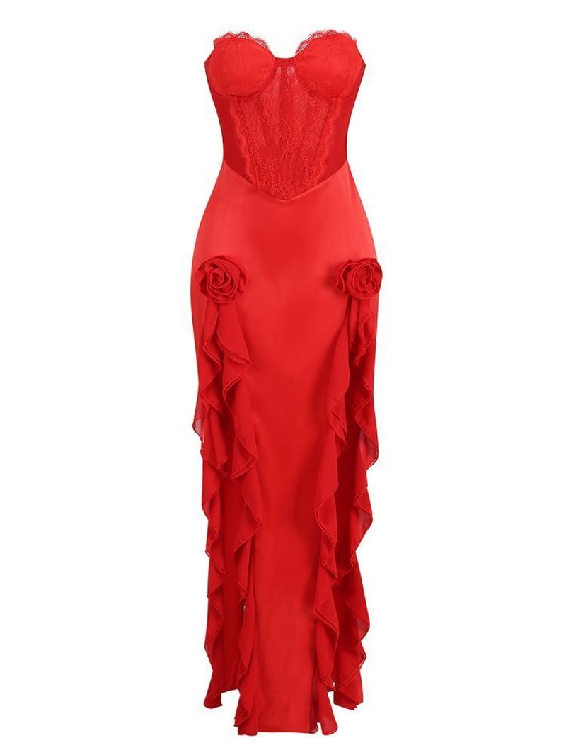 Strapless Ruffle Red Satin Gown H6327