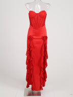 Strapless Ruffle Red Satin Gown H6327