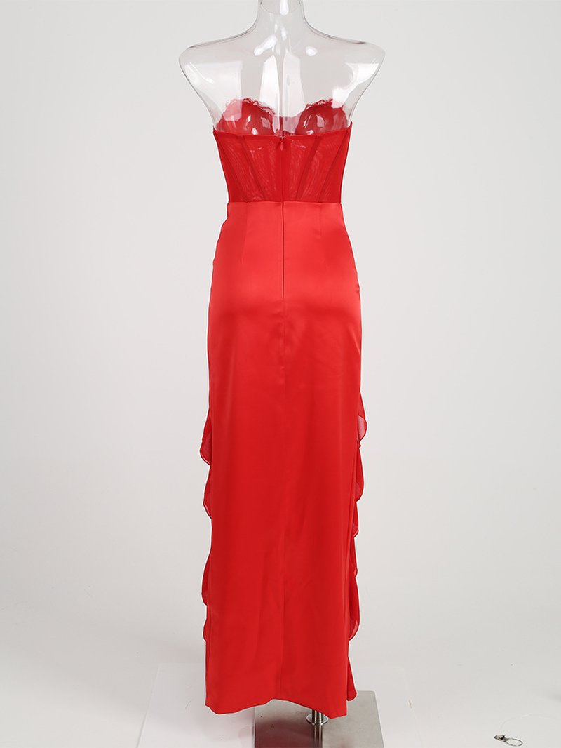 Strapless Ruffle Red Satin Gown H6327