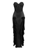 Strapless Ruffle Red Satin Gown H6327