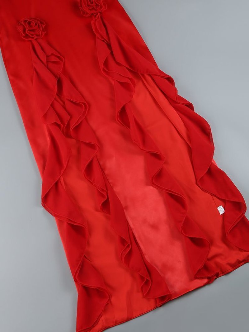 Strapless Ruffle Red Satin Gown H6327