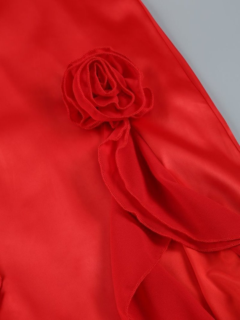 Strapless Ruffle Red Satin Gown H6327