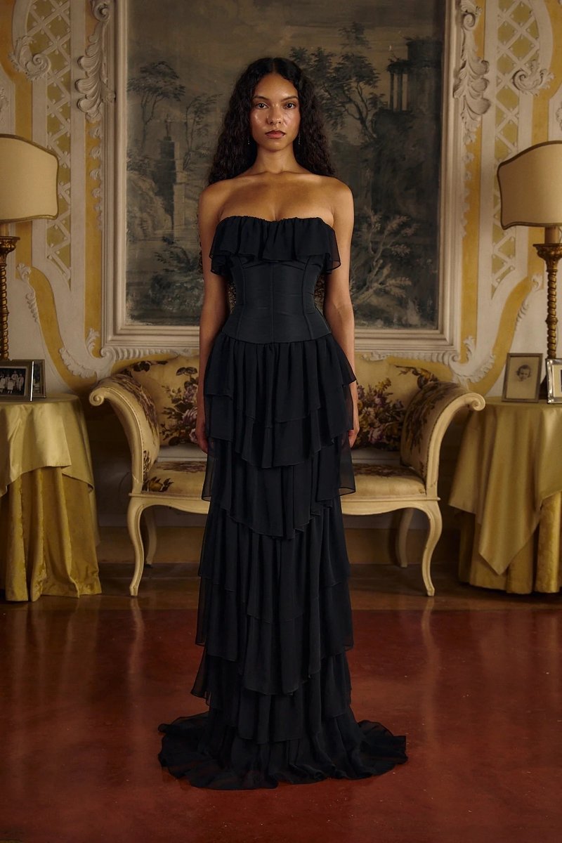 Strapless Ruffle Tiered Maxi Dress H6719