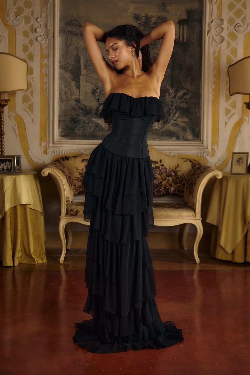 Strapless Ruffle Tiered Maxi Dress H6719