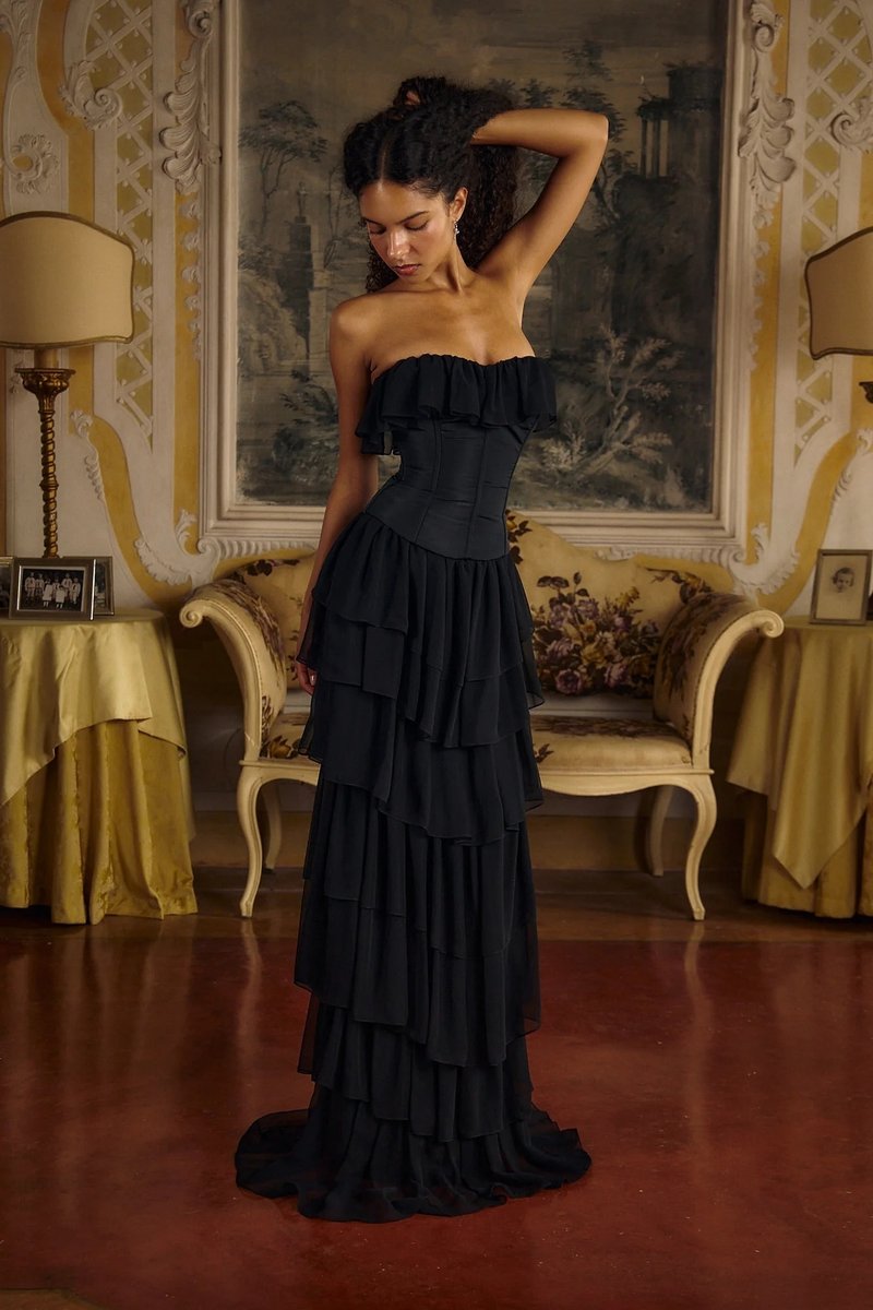 Strapless Ruffle Tiered Maxi Dress H6719