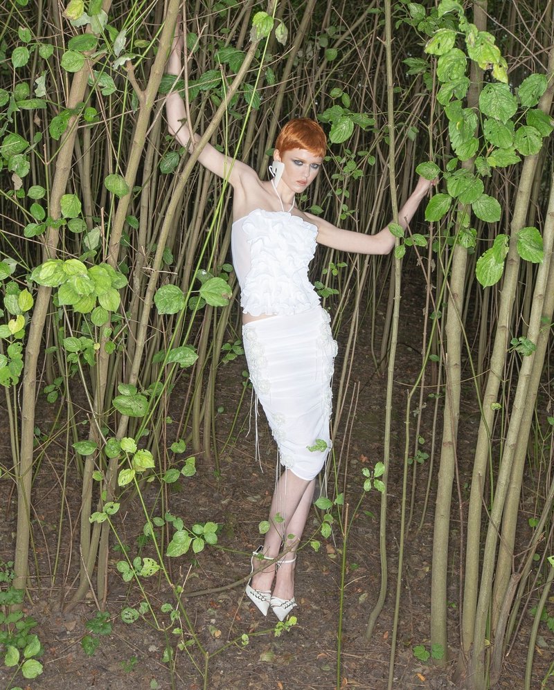 Strapless Ruffle White Midi Dress H6855