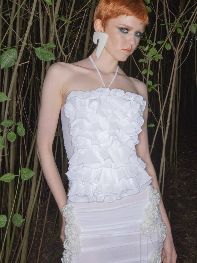 Strapless Ruffle White Midi Dress H6855