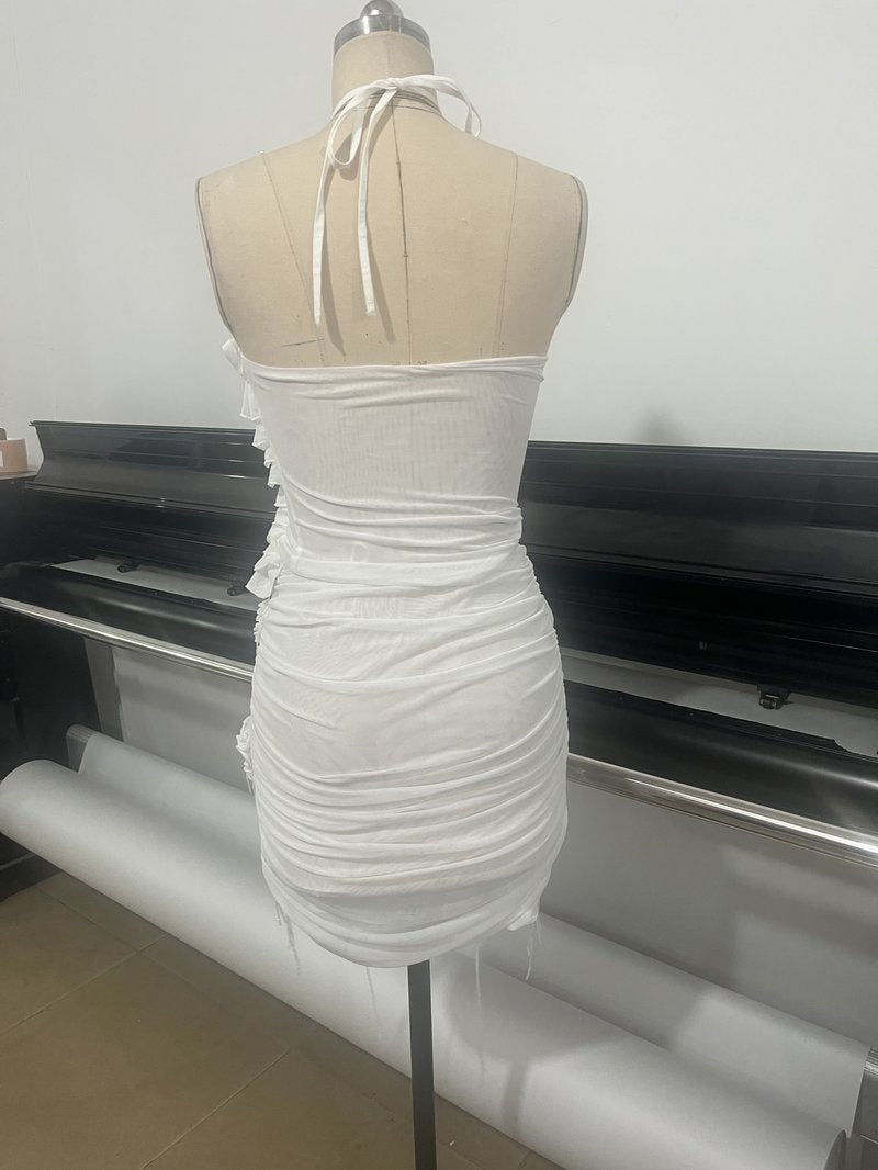 Strapless Ruffle White Midi Dress H6855