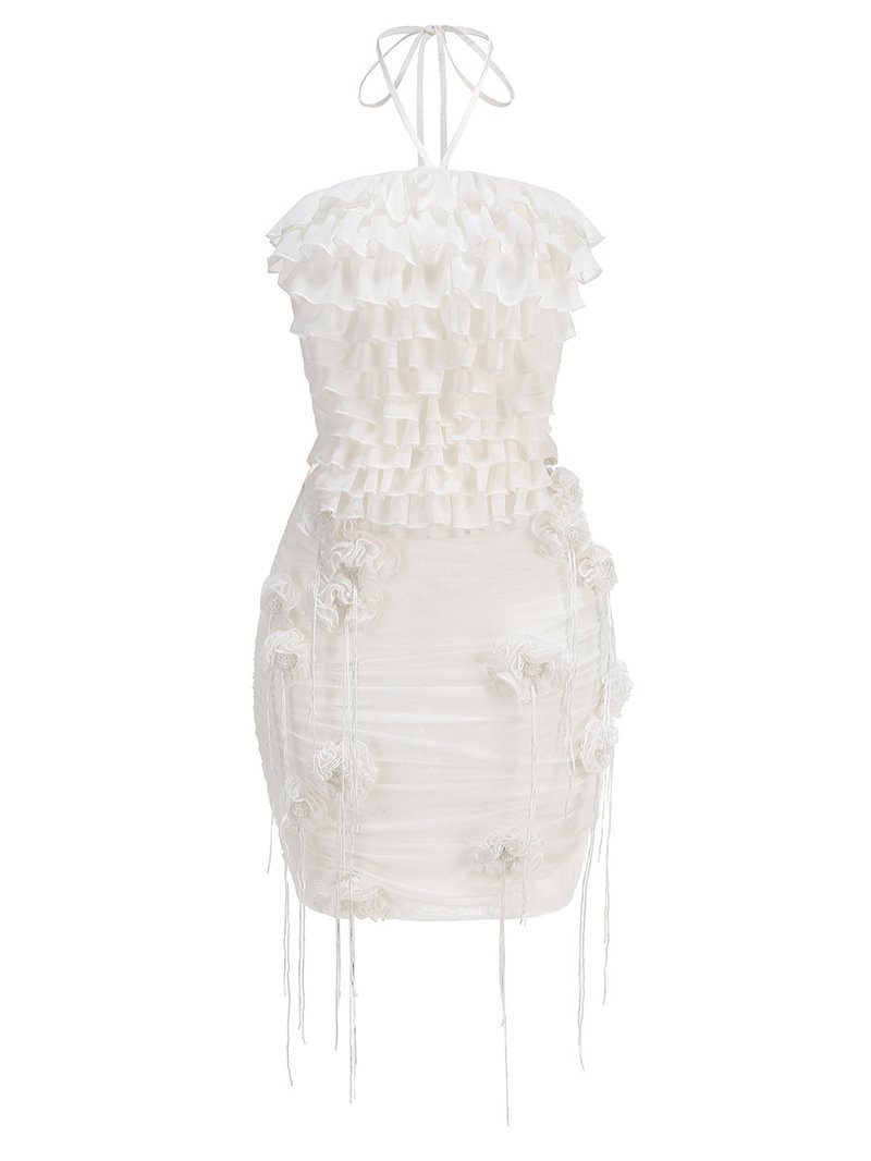 Strapless Ruffle White Midi Dress H6855