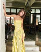 Strapless Ruffle Yellow Maxi Dress H7100