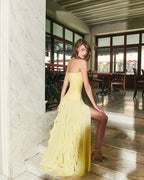 Strapless Ruffle Yellow Maxi Dress H7100