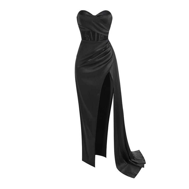 Strapless Satin High Slit Gown H6352