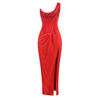 Strapless Satin Red Maxi Dress H6437