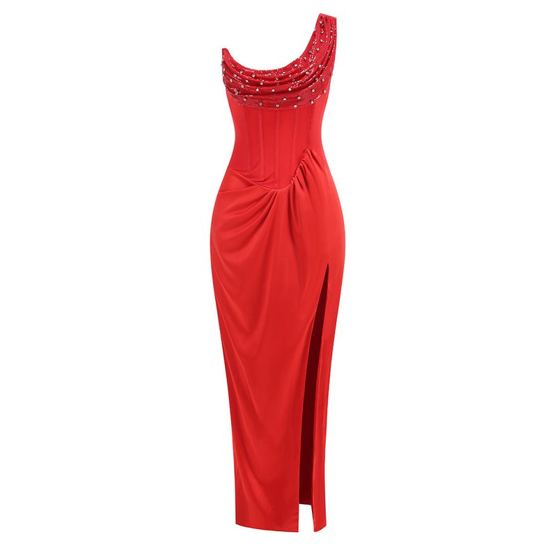 Strapless Satin Red Maxi Dress H6437