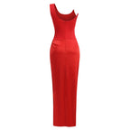 Strapless Satin Red Maxi Dress H6437