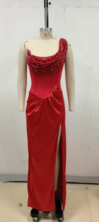 Strapless Satin Red Maxi Dress H6437